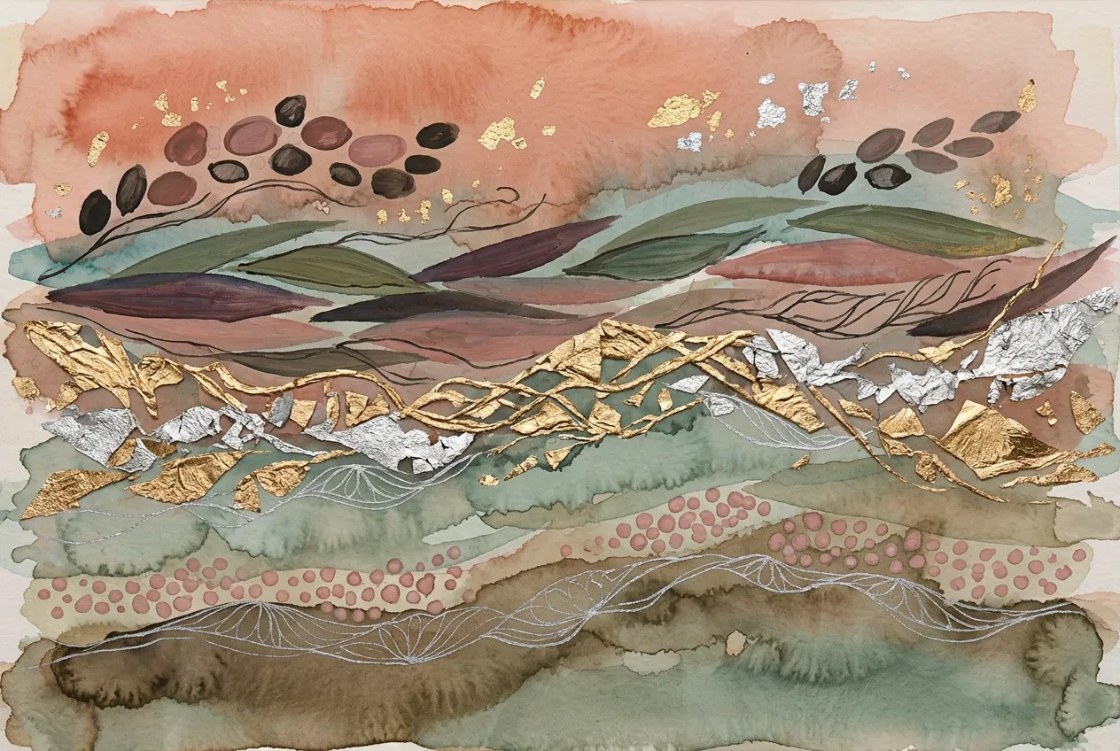 Honeyed Light — Spring Glimmer series, watercolor with gold and silver leaf and ink