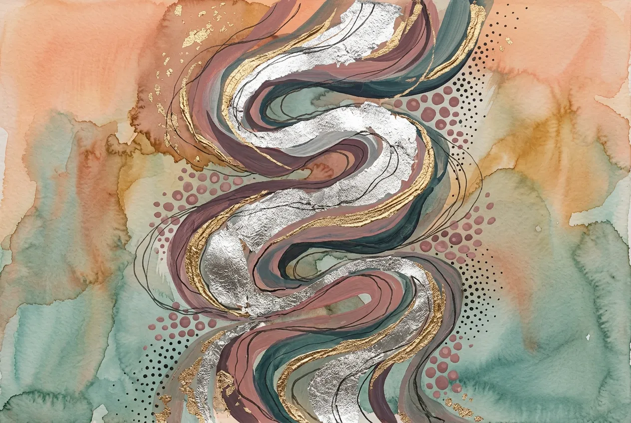 Soft Decadence — Spring Glimmer series, watercolor with gold and silver leaf and ink
